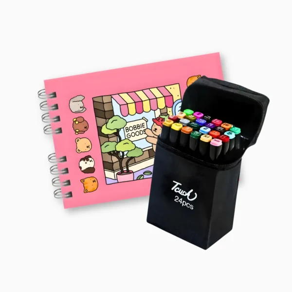Kit Livro de Colorir Capa Dura Rosa Com 24 Canetinhas