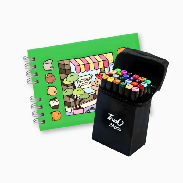 Kit Livro De Colorir Capa Dura Verde Com 24 Canetinhas
